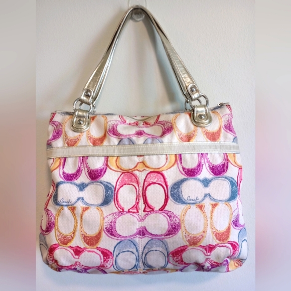 Coach Poppy Dream Multi Signature Optic Soulder Glam Tote Bag EUC - Picture 7 of 15